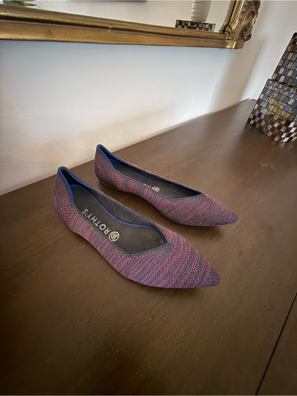 Rothy's Pointed Knit Flats in Pink and Blue